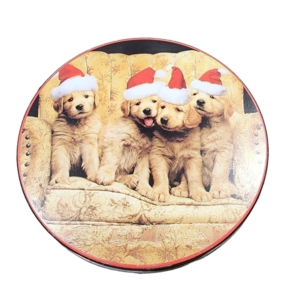 Vintage santa Hat Lab puppies cookie tin 6.5" Holiday Christmas - Picture 1 of 7